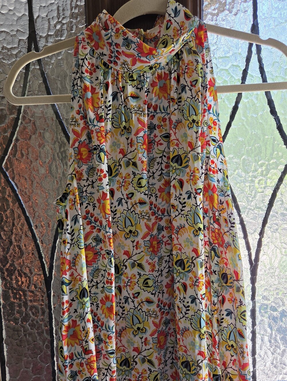 Ann Taylor Factory White Floral Printed Top with Yellow and Coral Accents